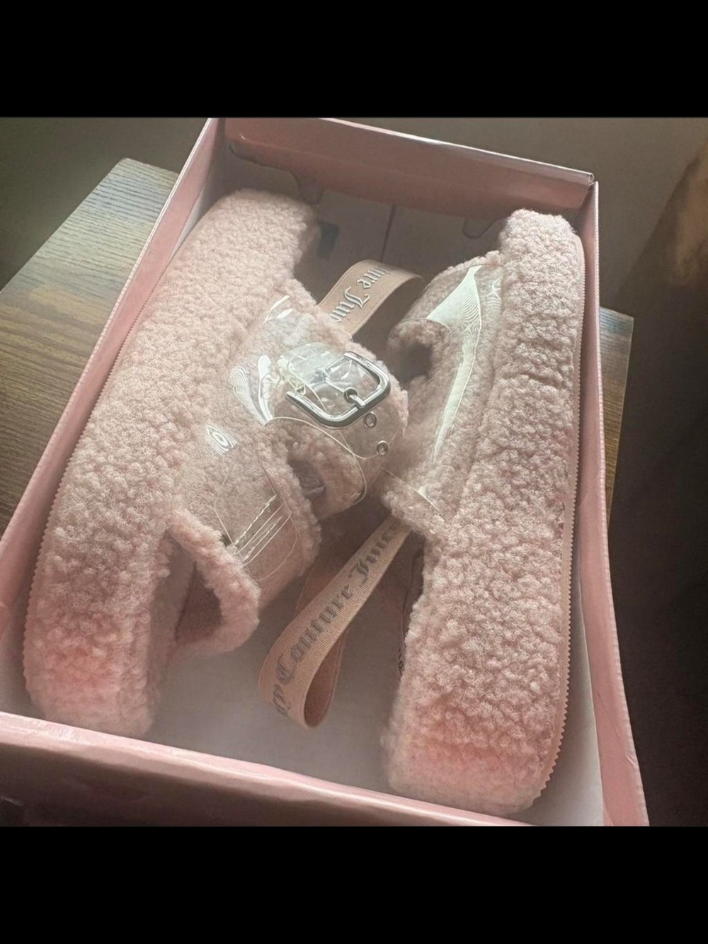 Juicy Couture Pink Plush Slide Sandals with Clear Strap